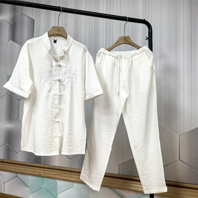 24C11B4夏季新中式唐装套装中国风休闲纯色复古盘扣短袖衬衫一套