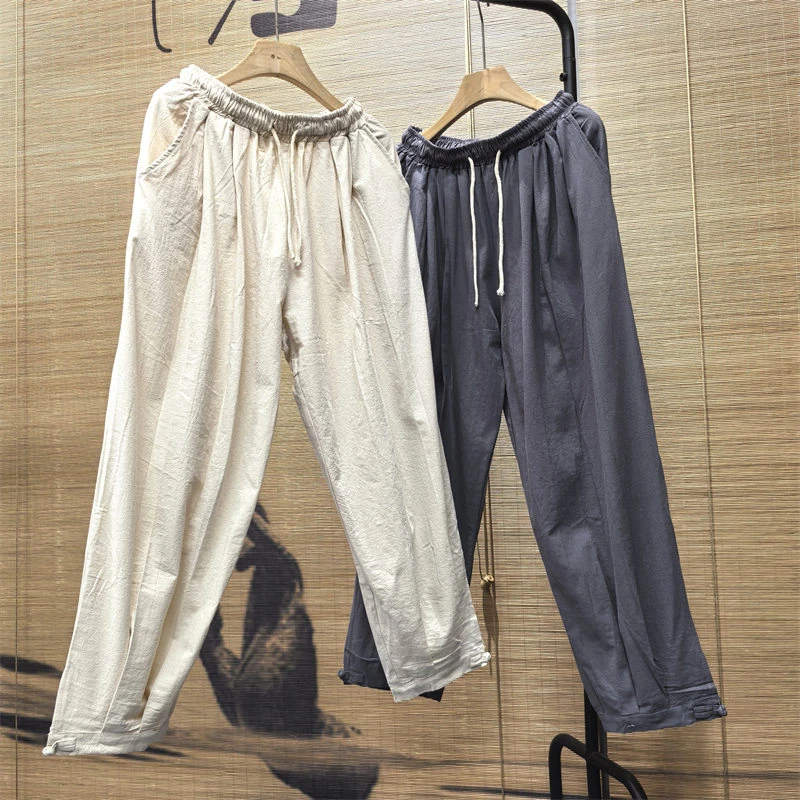 24A8A11中国风棉麻灯笼裤夏秋季宽松唐装阔腿裤复古风盘扣束脚裤