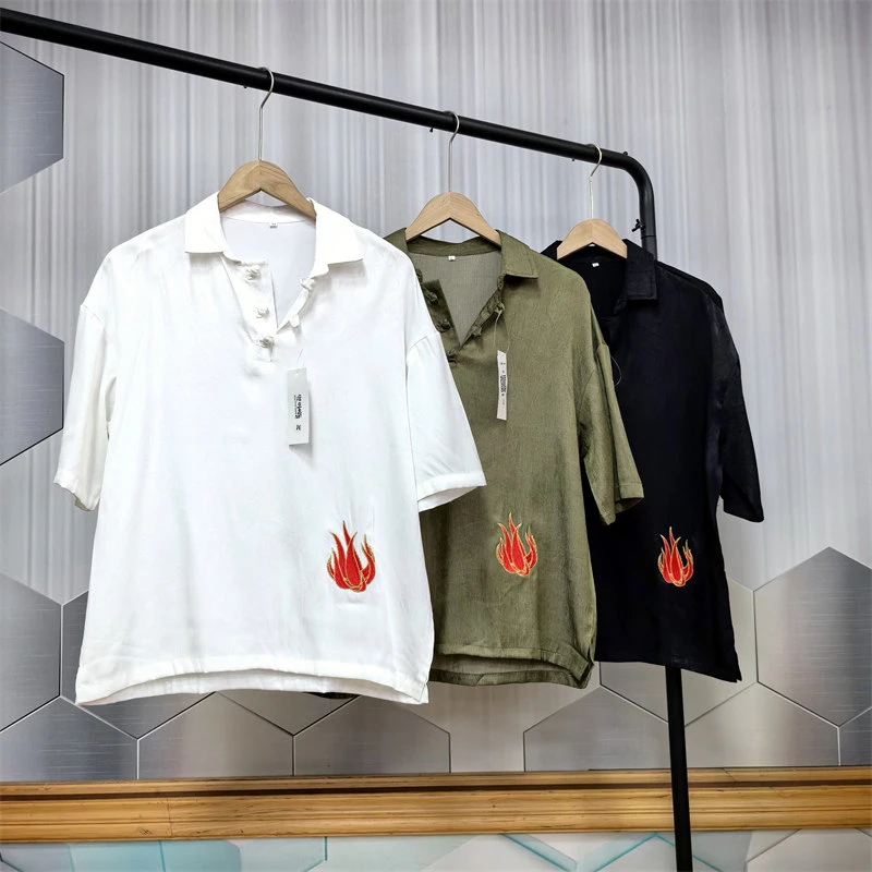 24C4A1夏季新中式刺绣盘扣翻领POLO衫国潮复古风宽松短袖体恤上衣
