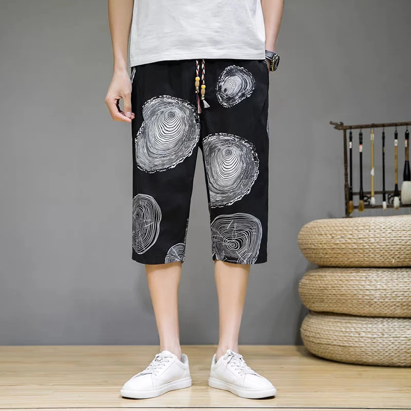 24C8D3新中式棉麻短裤男休闲百搭条纹裤夏季六分马裤亚麻沙滩中裤