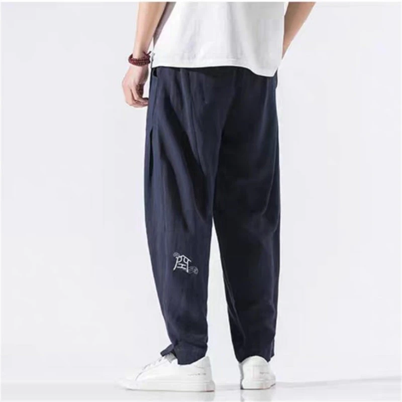 24A12C10新中式棉麻刺绣灯笼裤子中国风夏秋复古风宽松大码哈伦裤