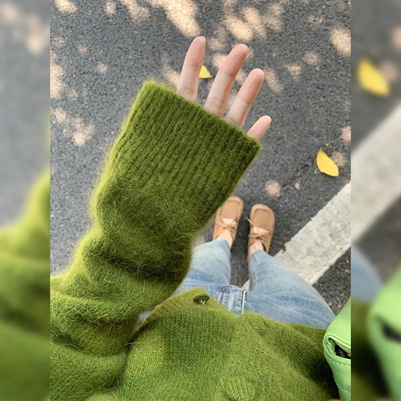 JR6888绿色复古开衫毛衣慵懒风上衣外套设计感冬新款早初秋季女装