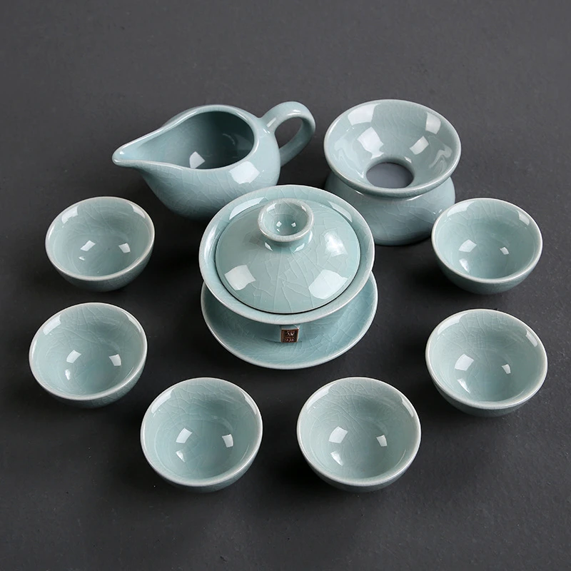 哥窑整套茶具复古开片功夫陶瓷茶杯茶壶盖碗家用茶道套装天青简约