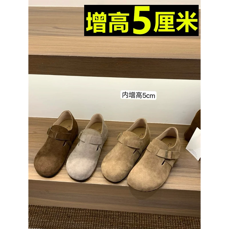 加绒5厘米内增高牛反绒勃肯鞋女2024秋冬小个子厚底博肯乐福单鞋