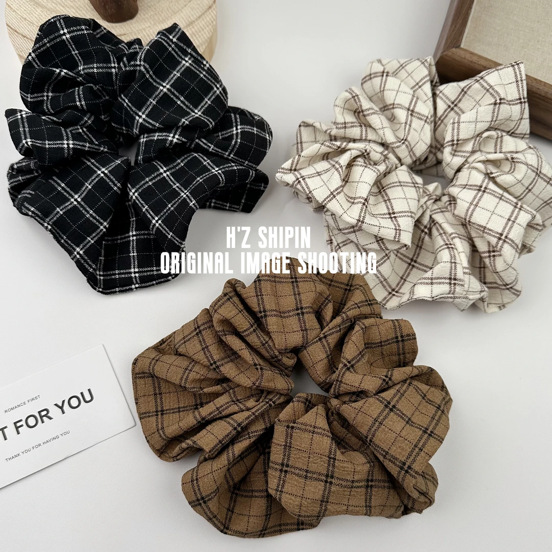 格纹布艺大肠发圈甜美简约格子丸子头发绳皮筋百搭扎头绳发圈头绳