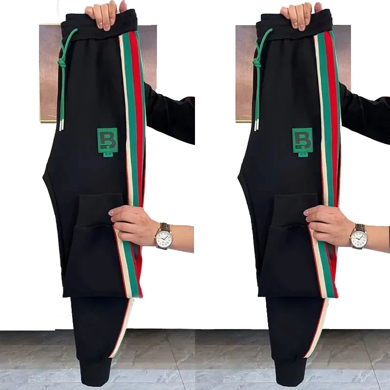 秋季针织运动裤男款潮流条纹修身束脚休闲帅气小脚卫裤时尚休闲裤