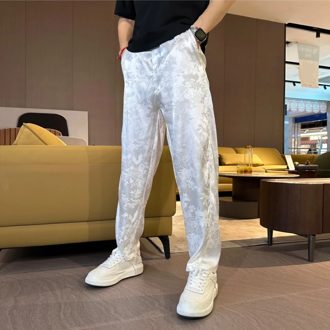 夏季国风印花冰丝休闲裤男士薄款潮流束脚裤高级感复古透气直筒裤