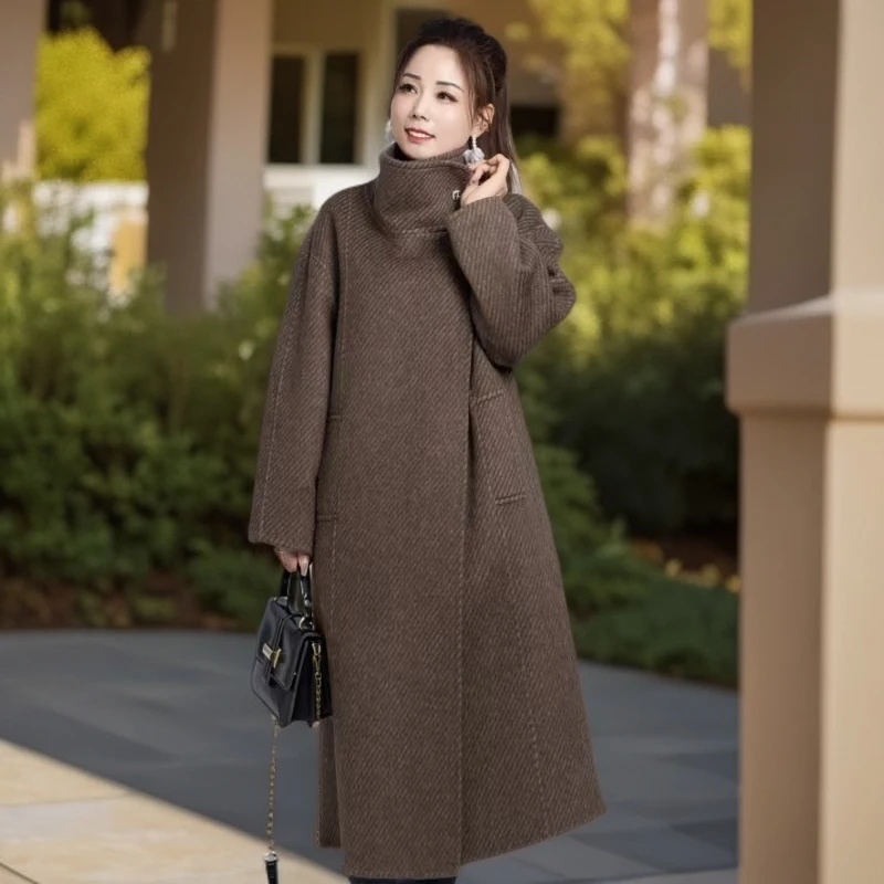 98012时尚休闲大斜纹立领双面羊毛大衣女士长款外套