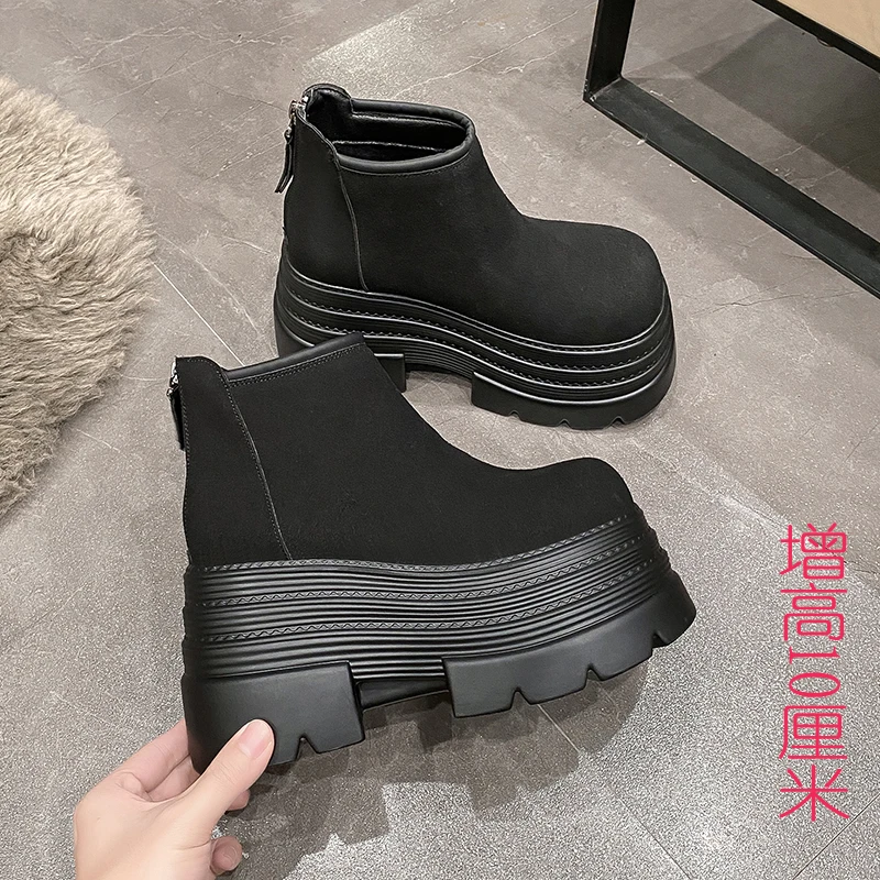 短靴女2024冬季新款外穿加绒保暖棉鞋10cm厚底增高百搭松糕雪地靴