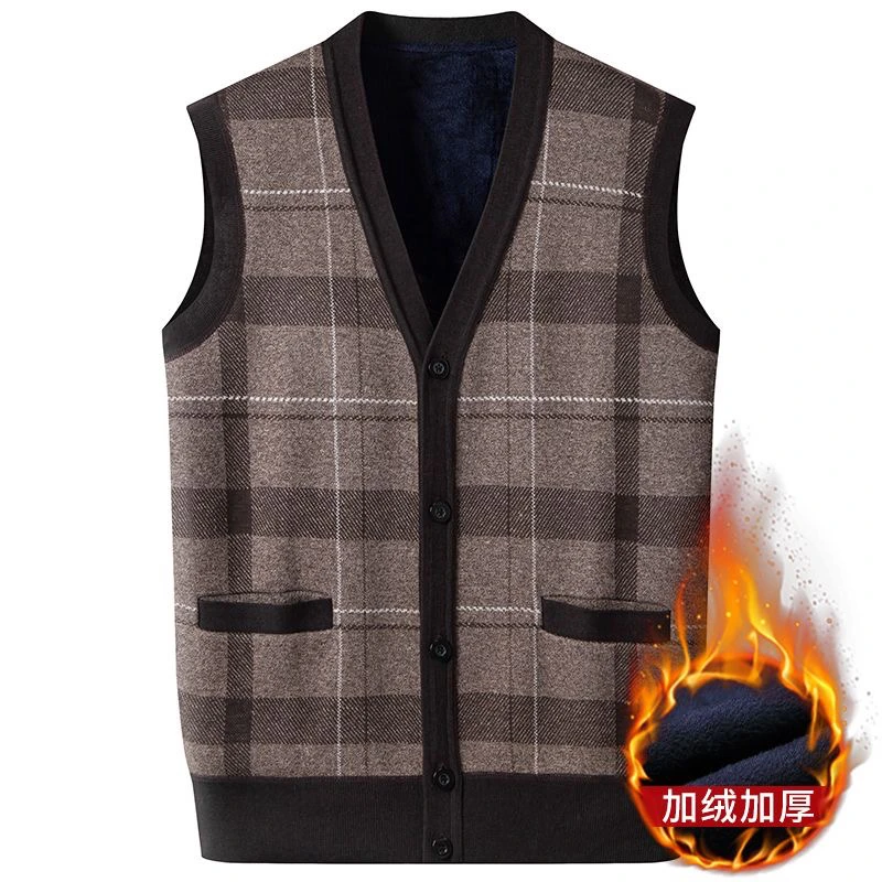 中年男马甲保暖内衣加绒加厚打底衫针织衫开衫V领背心爸爸装8828