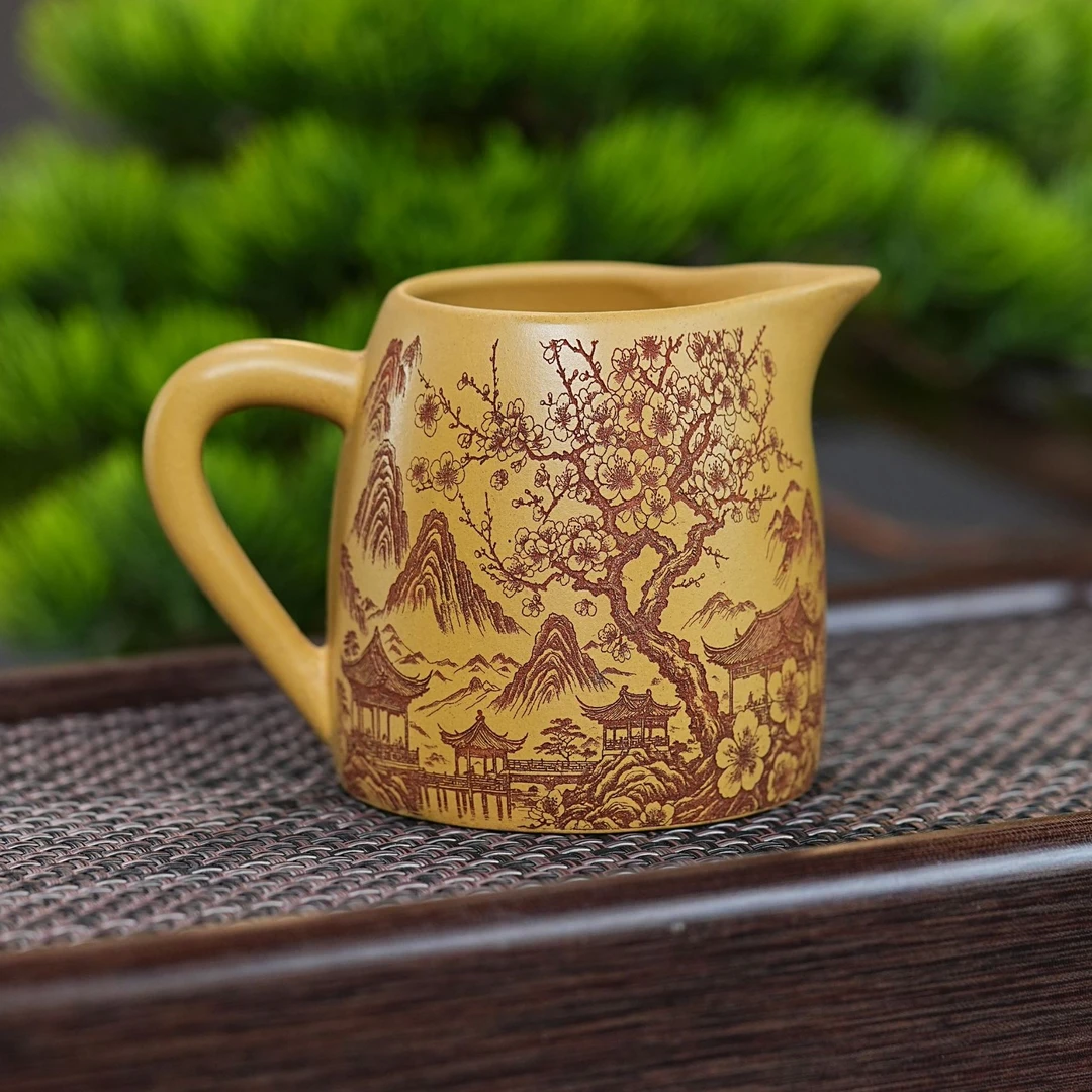 宜兴原矿黄金段泥本绿手工刻桃花源记紫砂公道杯品茗杯茶具326