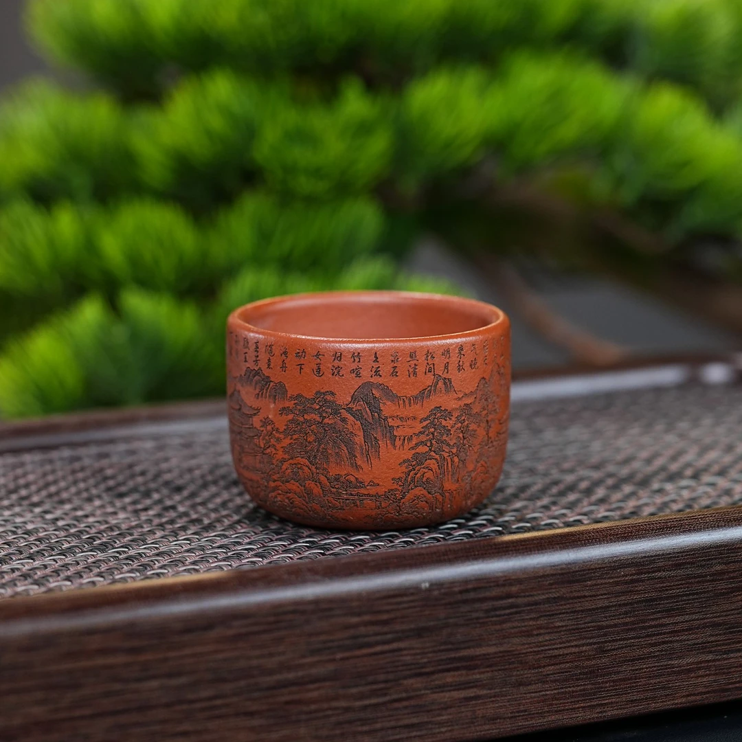 宜兴原矿鸡血大红袍手工刻山水紫砂主人杯品茗杯茶具323