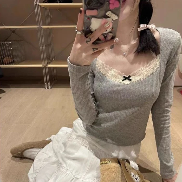 法式蕾丝拼接芭蕾风纯欲长袖女秋冬修身气质内搭打底衫上衣女