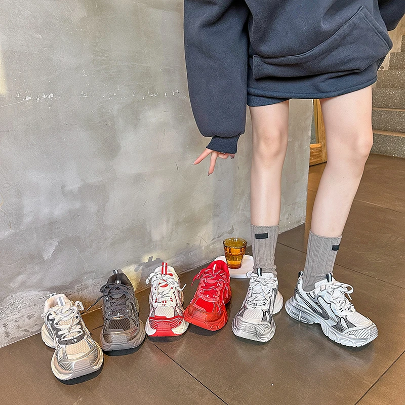 5色系春新款时尚擦色厚底老爹鞋女潮2024百搭做旧透气运动鞋女ins