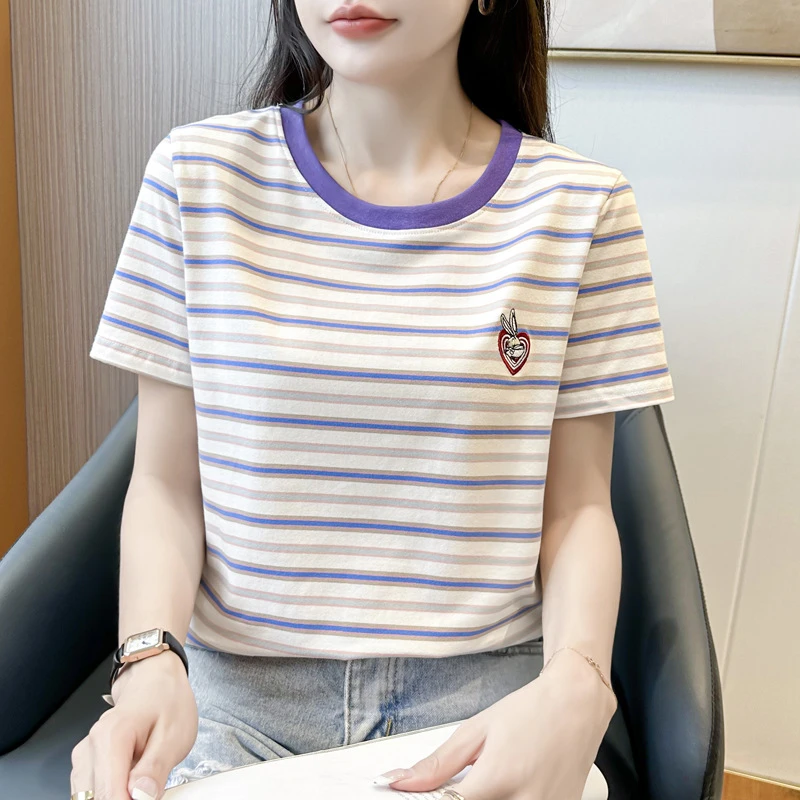 2025夏季新款气质刺绣条纹短袖T恤女时尚撞色夏款上衣 046-0824