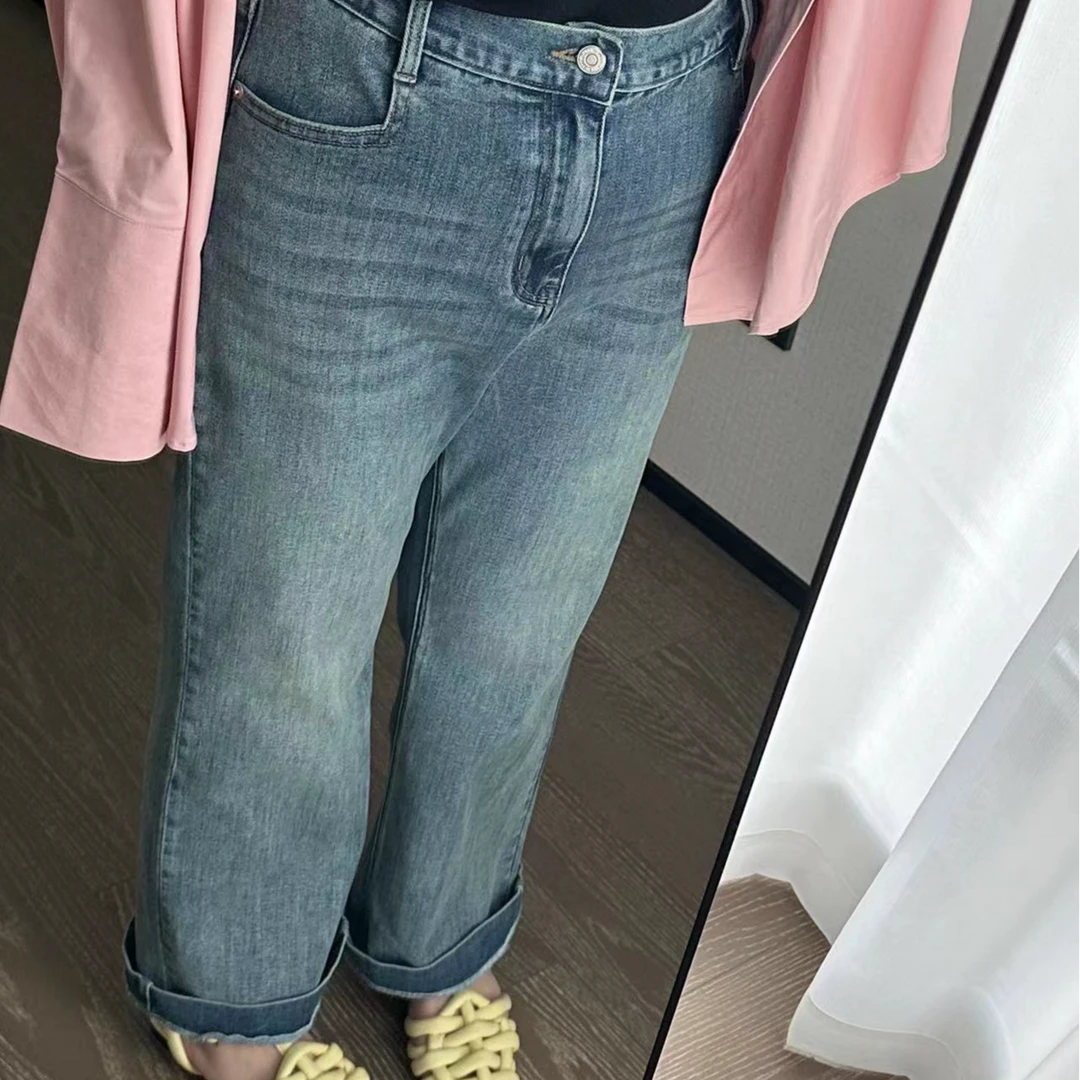 【吃不饱饱】大码春季 随意甜酷~复古水洗高腰微喇九分牛仔裤Q0330