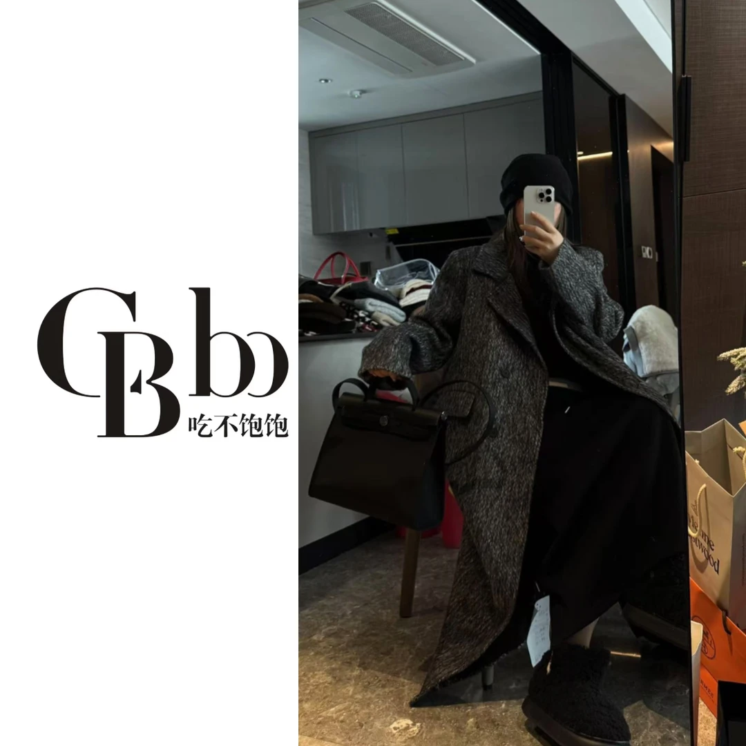 【吃不饱饱】大码 灰霾都市 高级感加厚夹棉长款毛呢大衣英伦风976