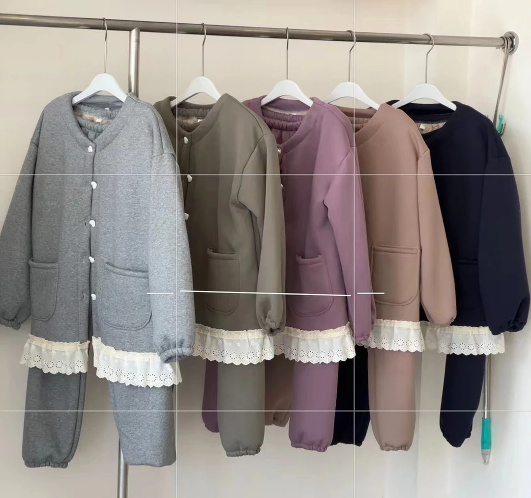 甜美风蕾丝加绒家居服套装可外穿加厚保暖