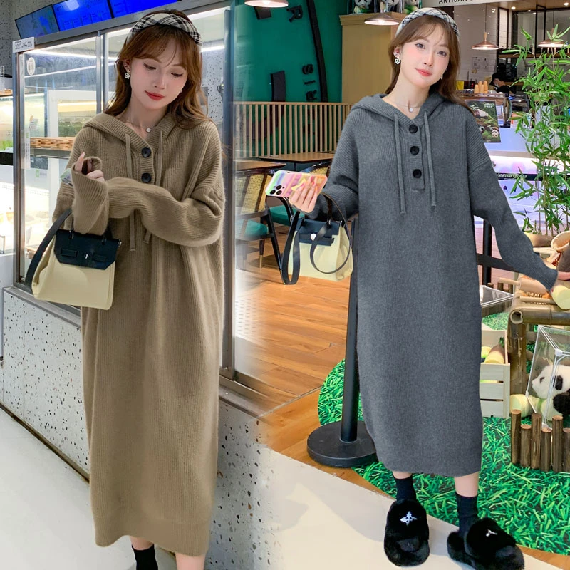 孕妇2023新款秋冬装孕期法式宽松连帽针织裙秋冬季加厚孕妇毛衣裙
