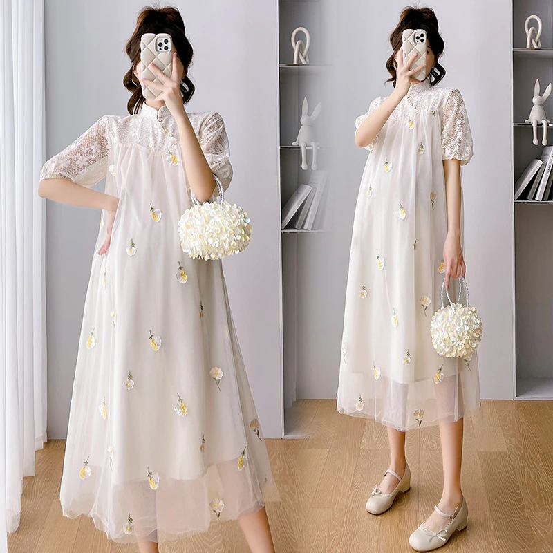 孕妇裙子2023年夏款复古旗袍网纱刺绣长裙洋气减龄夏季孕妇连衣裙