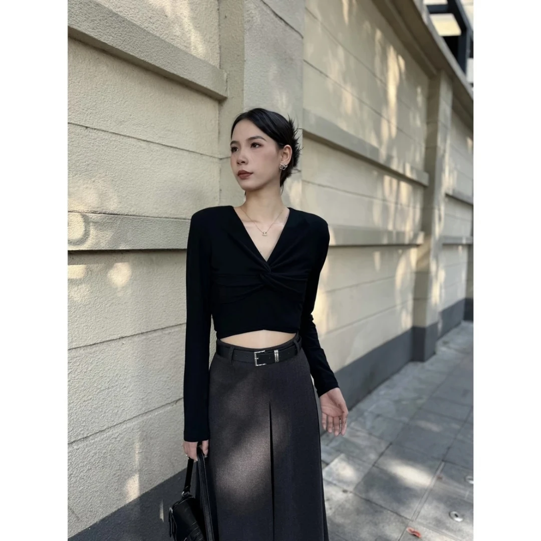 【DL】纯欲风辣妹T恤衫女秋季新款韩版高腰短款ins上衣