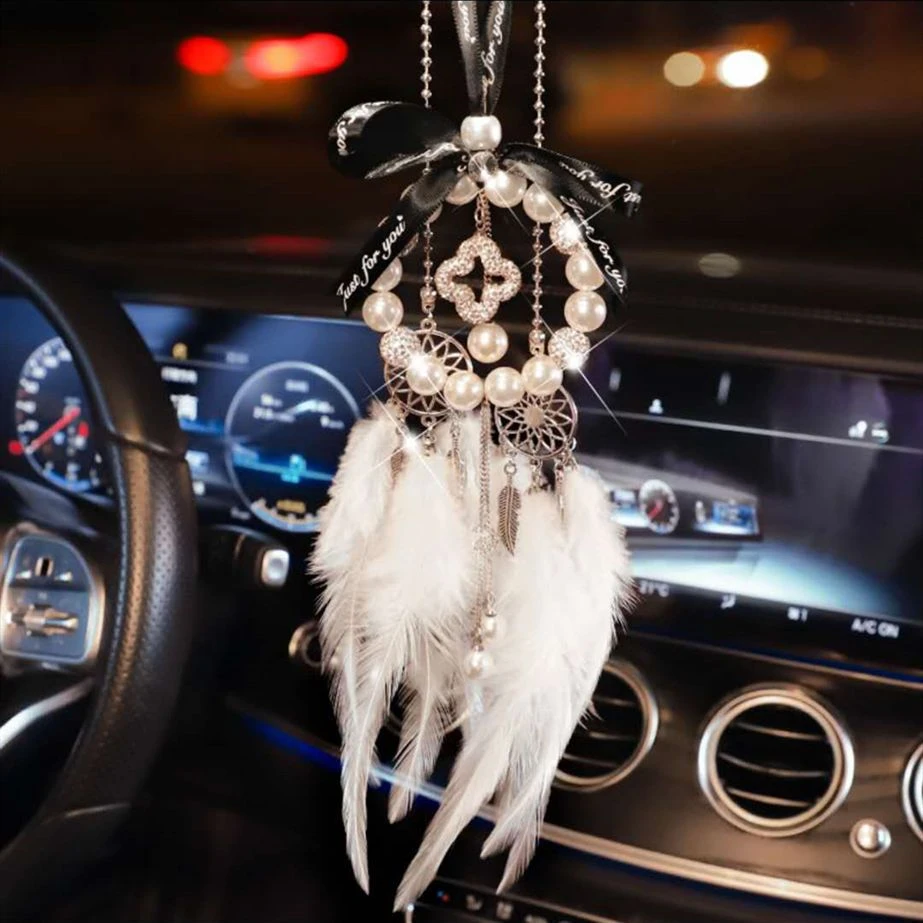 网红珍珠汽车挂件车内吊饰品捕梦网羽毛创意车载后视镜挂饰礼物
