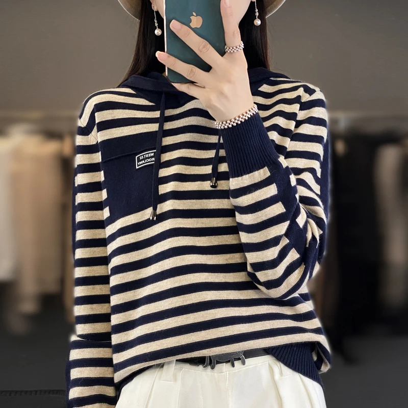 100羊毛！现货清 380克重磅加厚连帽条纹针织衫 女士内搭显瘦宽松