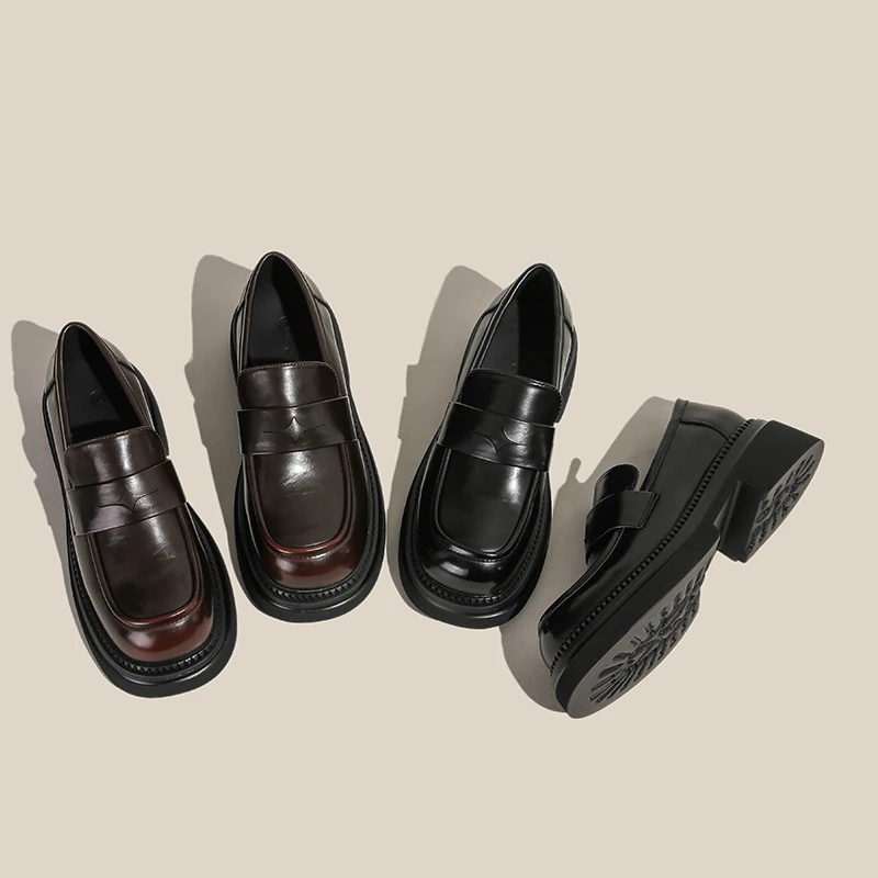 圆头浅口复古英伦风小皮鞋秋季新款中跟日系jk女鞋松糕厚底乐福鞋