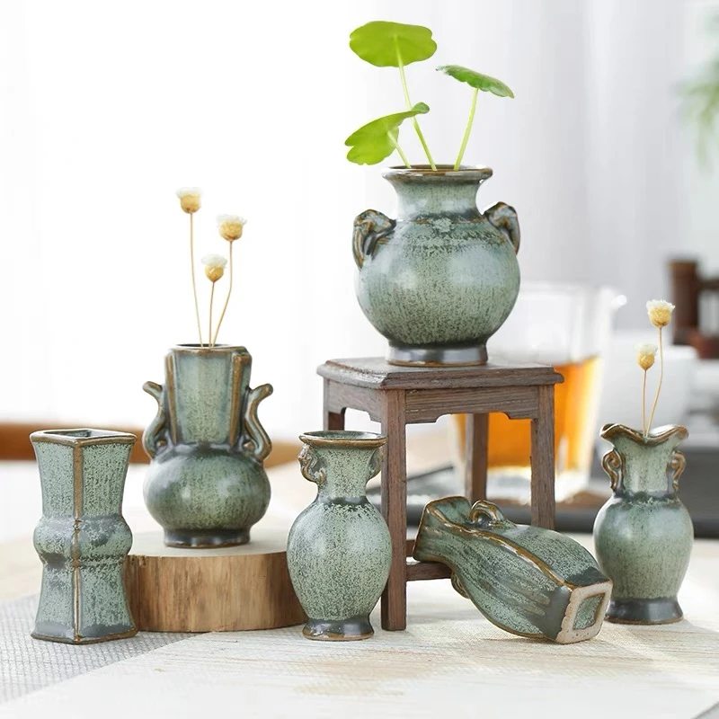 仿青铜釉古风小花瓶中式水培绿植陶瓷小花器创意摆件