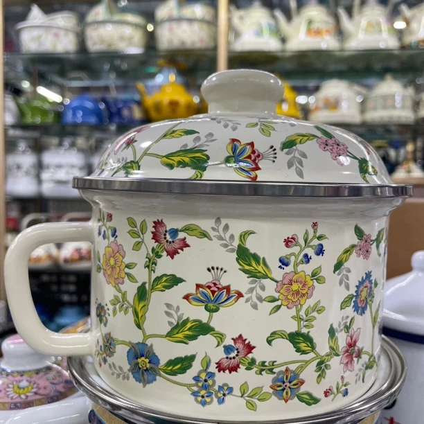 搪瓷带盖快餐杯泡面碗「圆盖/平盖」16cm直径家用打饭搪瓷水杯老式