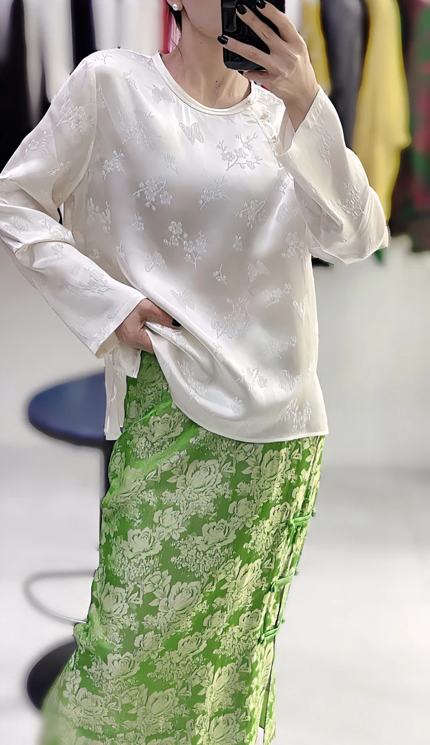 新中式国风 桑蚕丝冠乐绉 立体浮雕 红色提花上衣