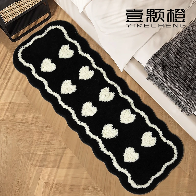 奶油风地毯卧室床边毯高级感房间地毯主卧长条ins地垫黑白脚垫子