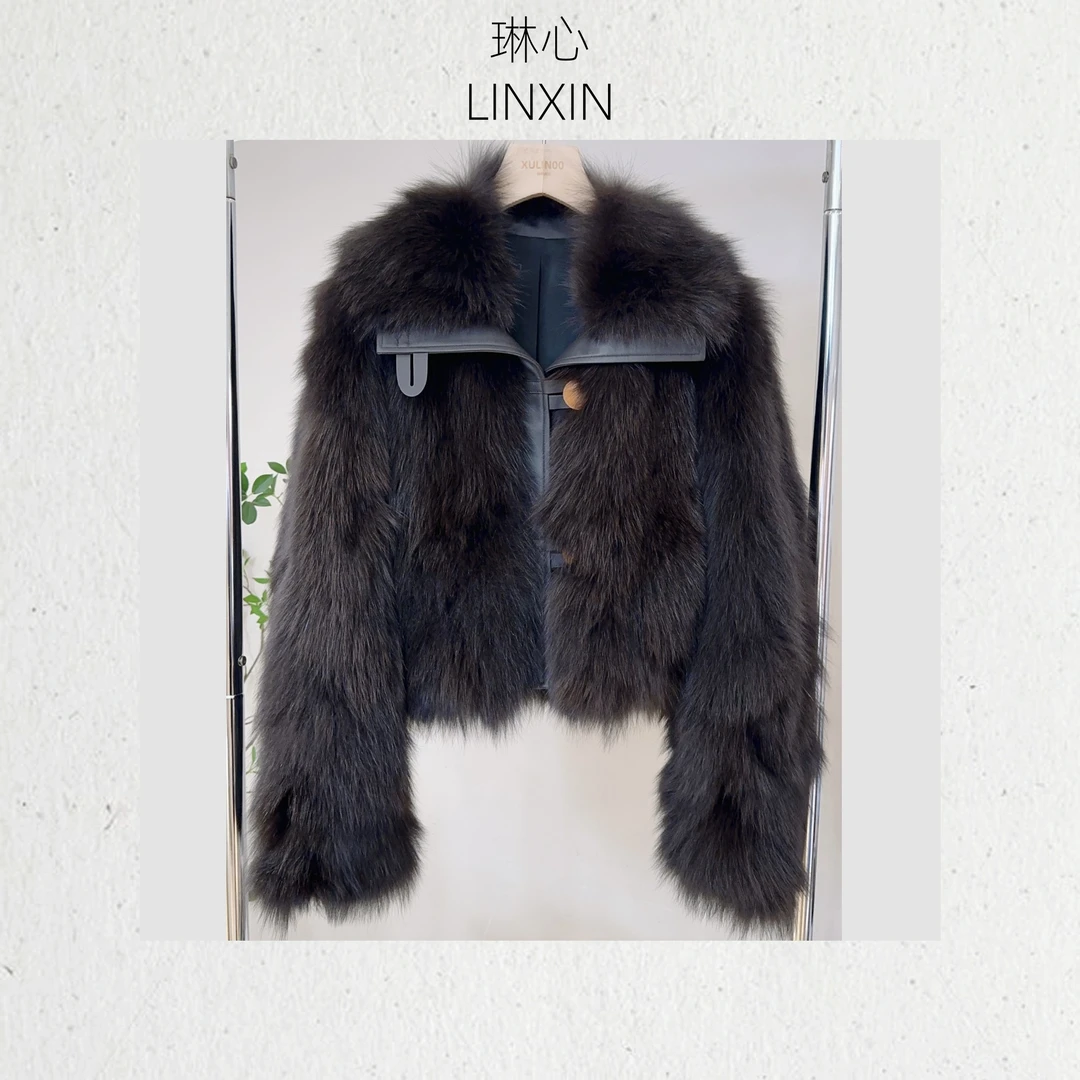 琳心2024冬季新款气质时尚轻奢高级感黑咖色拼皮毛绒开衫外套0520