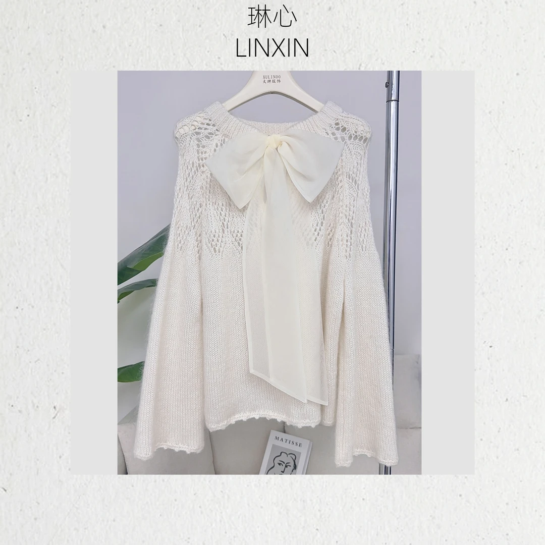 琳心丨早秋法式系带蝴蝶结镂空温柔风显瘦毛针织上衣 QJR2258