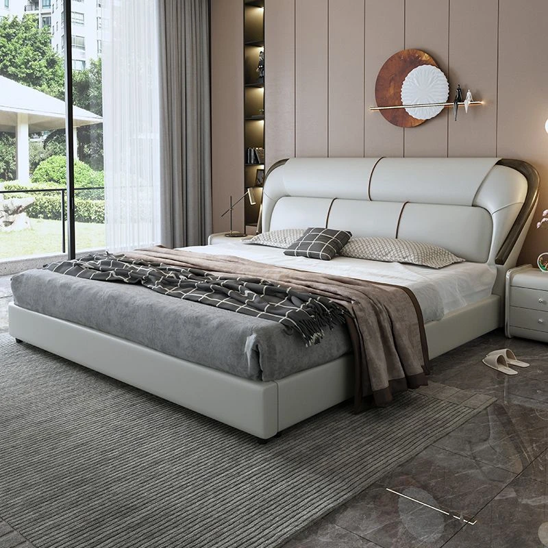高级豪华主卧大床意式皮床主卧床双人床婚床带灯储物皮艺床简约