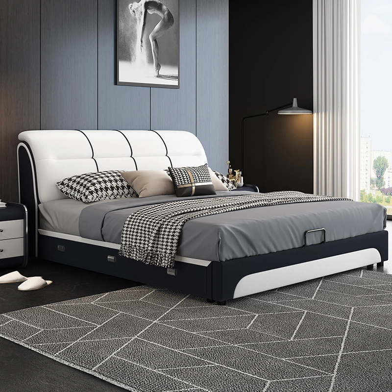 意式轻奢双人床皮艺床简约软包榻榻米家用主卧婚床储物高箱大床