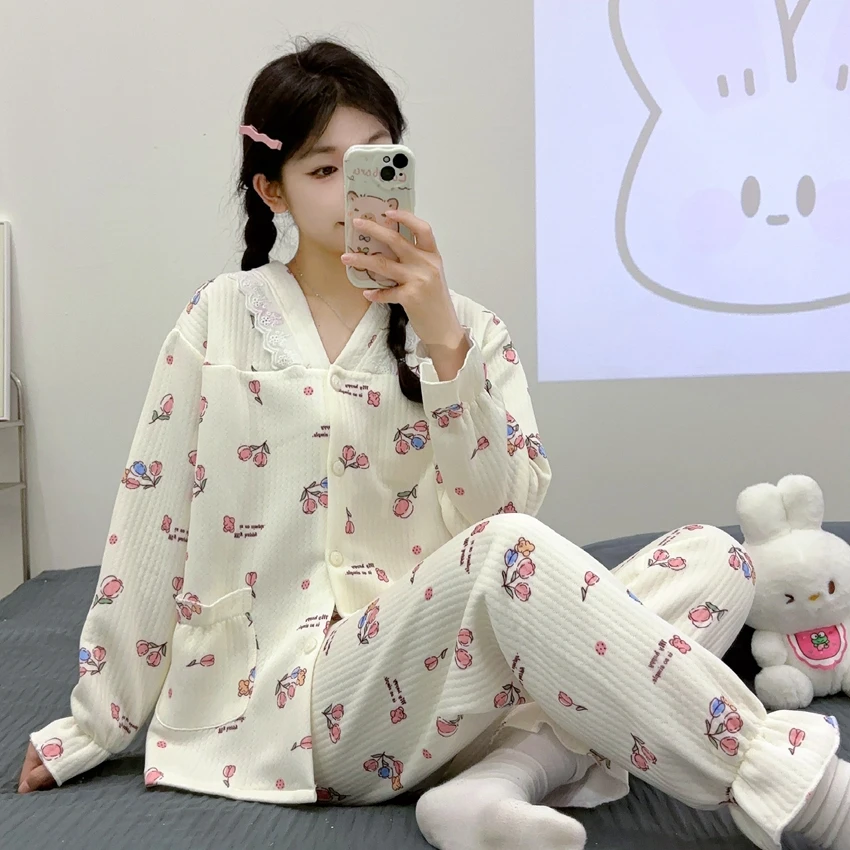 新款2024春秋季保暖睡衣女甜美大码可外穿学生卡通开衫家居服套装