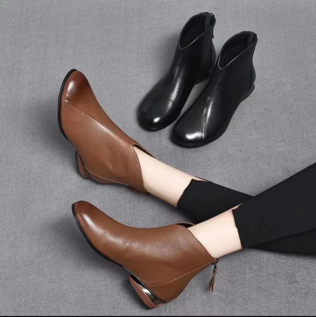 2023新款真皮短靴头层牛皮女靴子加绒女鞋软底低跟舒适百搭鞋