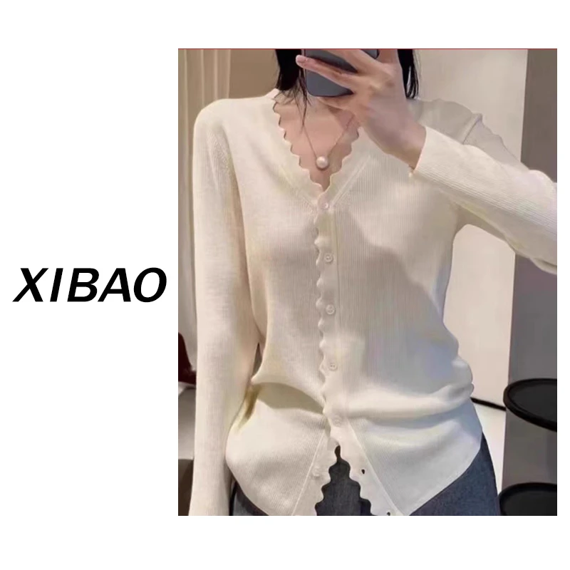 【精纺羊毛】薄款针织开衫女士设计感小众修身显瘦绵羊毛打底衫花边