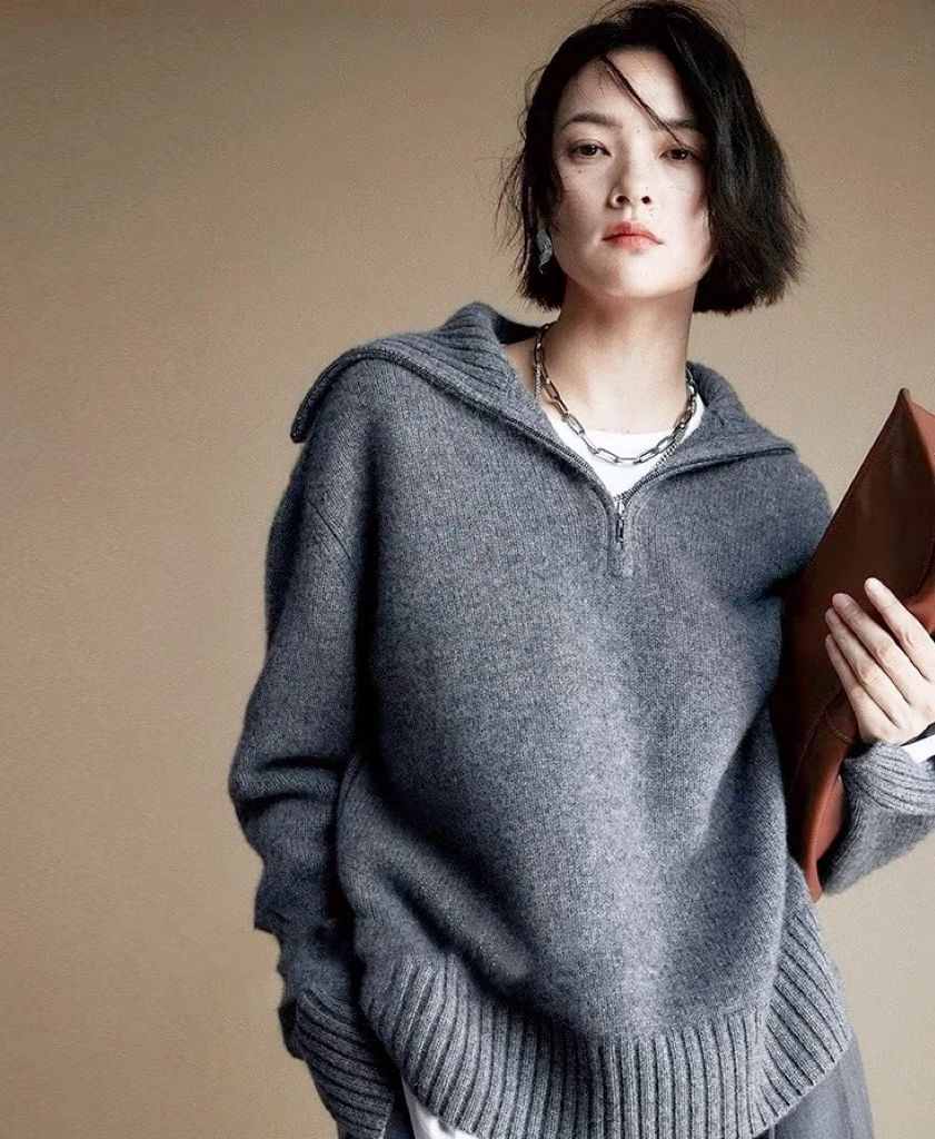 【精品纯山羊绒】秋冬复古加厚拉链大翻领宽松慵懒针织毛衣YM358904