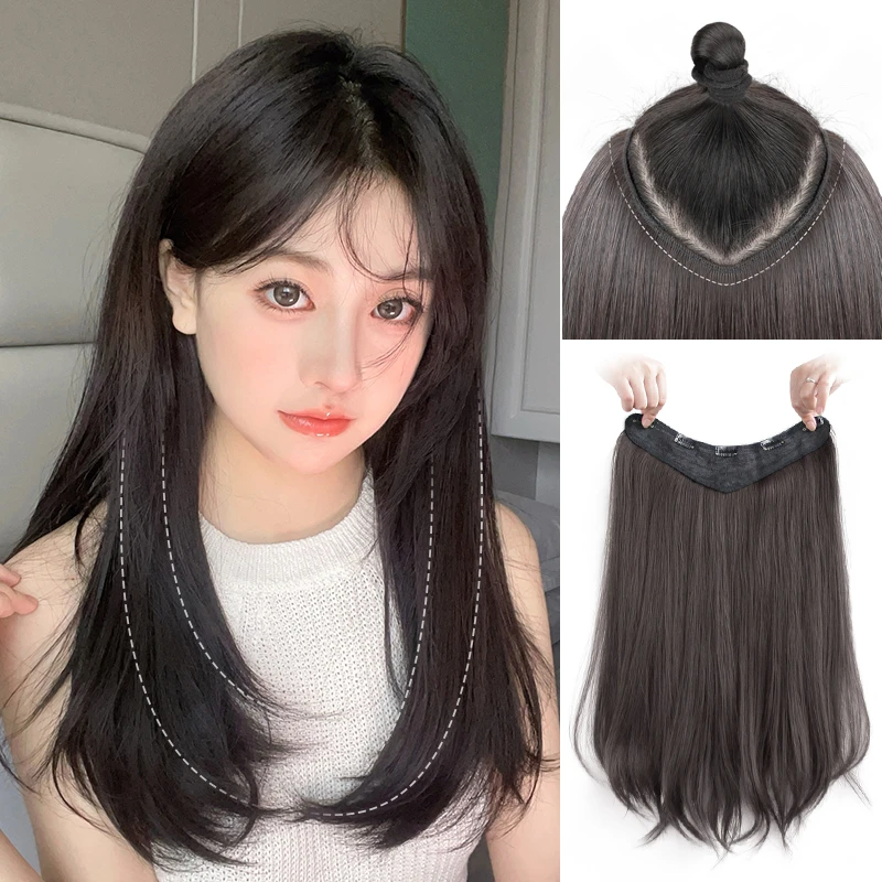 假发女中长发一片式V型内扣微卷增发量蓬松隐形无痕自己接假发片