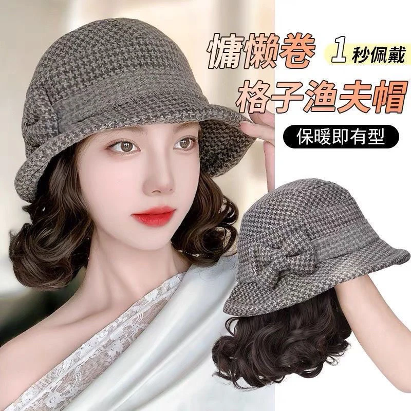 帽子假发一体女秋冬新款中老年毛呢渔夫帽慵懒卷百搭保暖全头套式