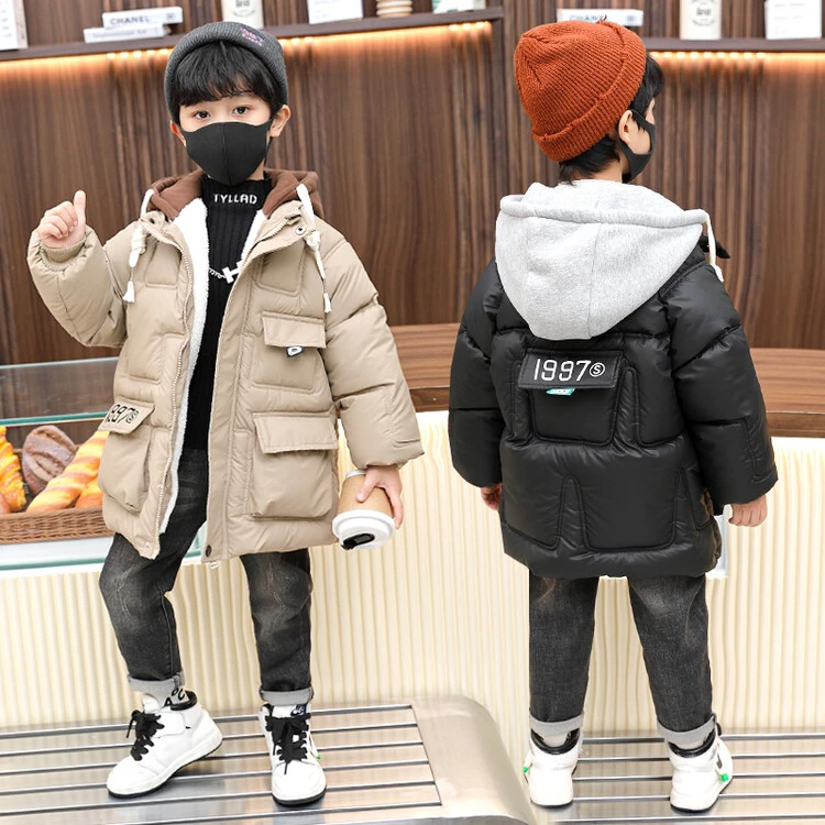 男童棉服加绒加厚2023新款中大童外套中长款儿童洋气连帽童装棉衣
