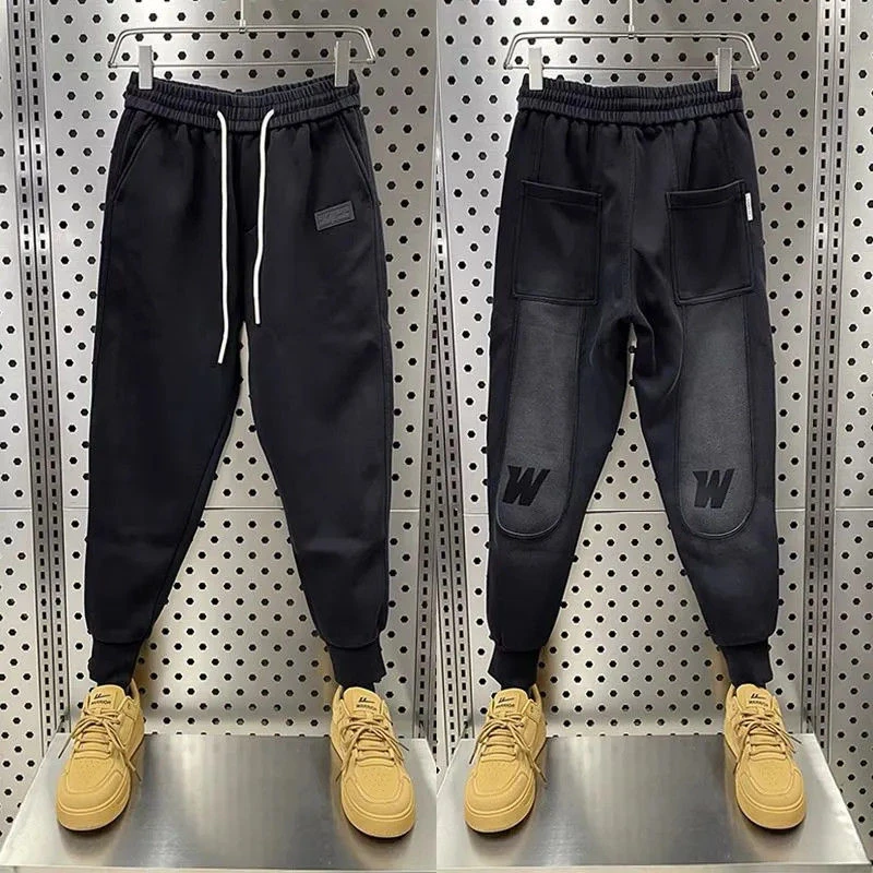 秋冬男士加绒休闲卫裤百搭渐变色潮束脚卫裤运动休闲裤男印花字母