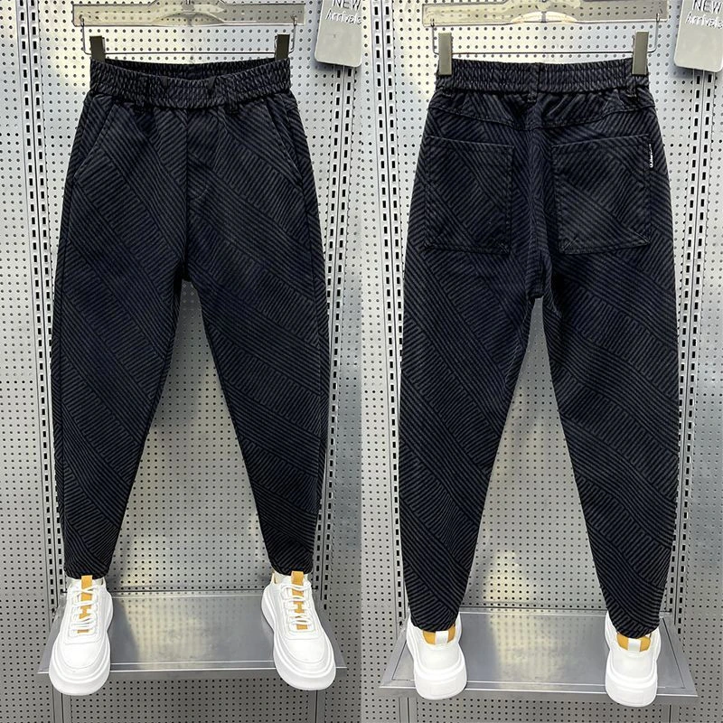 秋冬新款男士高弹力提花牛仔裤加绒男士直筒长裤宽松休闲男老爹裤