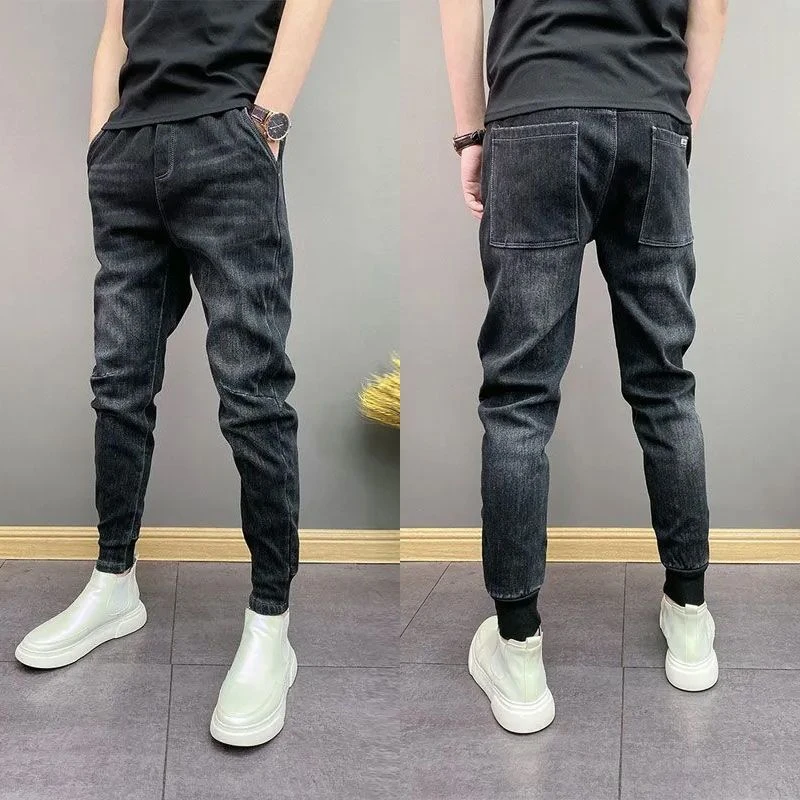 秋季黑色束脚牛仔裤男士潮流潮牌修身小脚裤百搭束脚裤网红牛仔裤