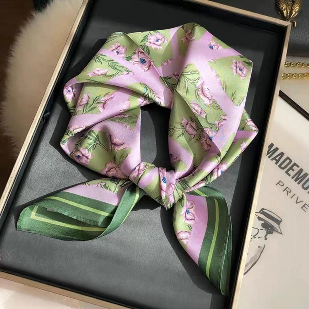 桑蚕丝杨采钰同款紫色小花50方巾丝巾真丝薄款百搭时尚女士围巾