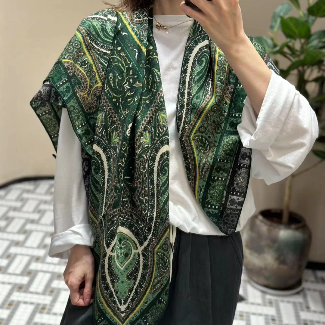 丝毛双面绿色气质腰果花105方巾手工卷边女士丝巾披肩空调毯F124