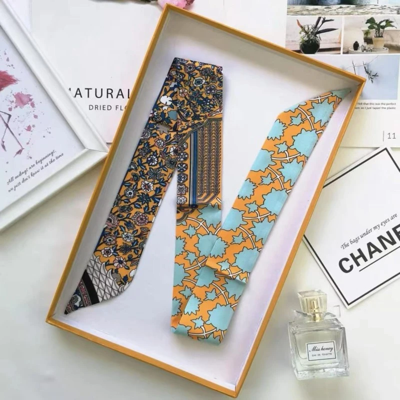 桑蚕丝女士束发带黄色小碎花85×5时尚百搭真丝飘带领巾丝巾P021