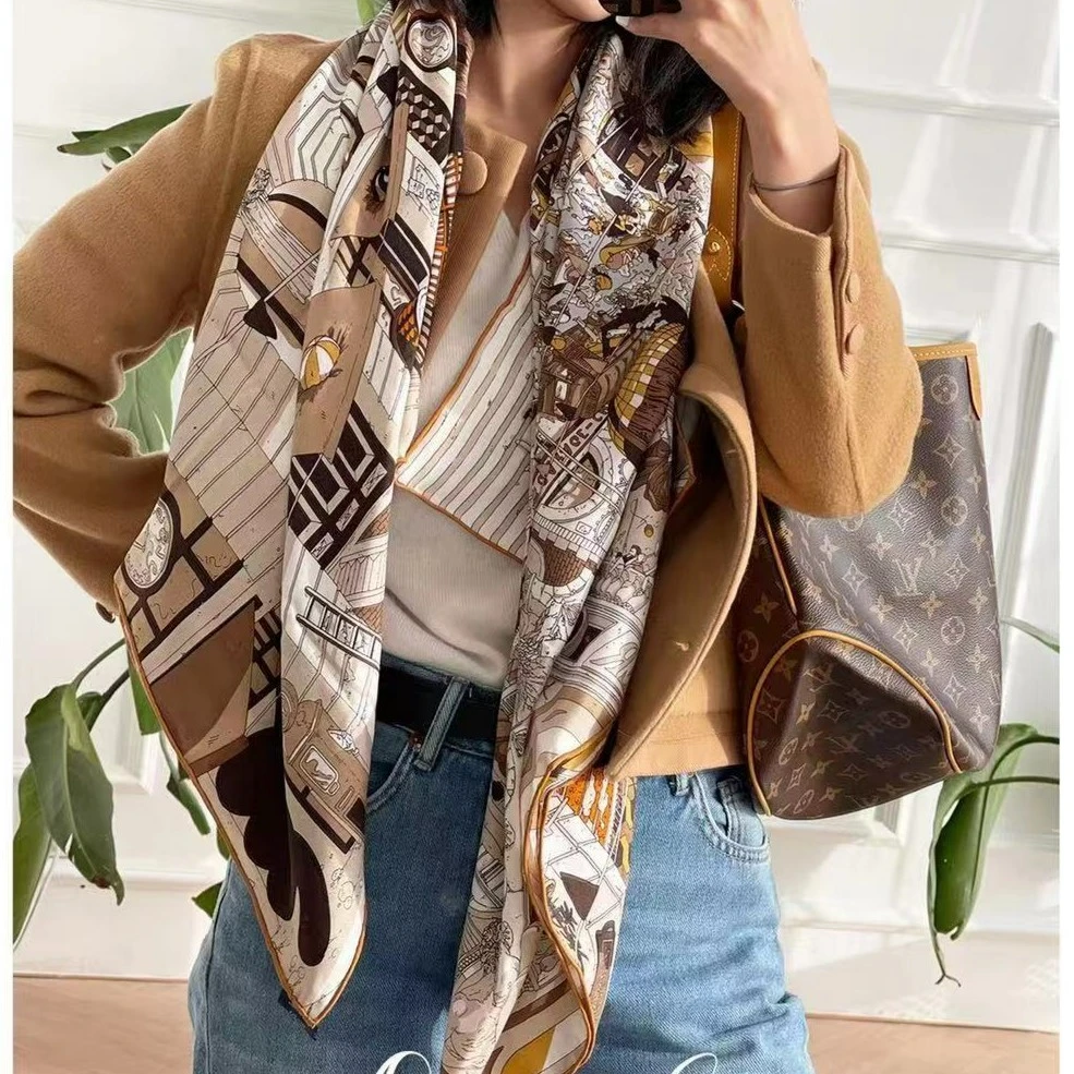 丝毛单面街景130方巾手工卷边真丝丝巾外搭时尚女士披肩空H077